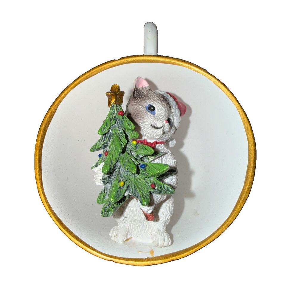 Kitten In Tea Cup Ornament Gray Kitty With Christmas Tree